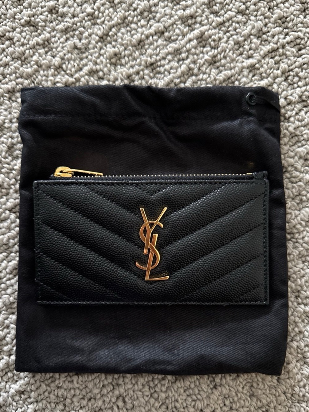 Saint Laurent Black Chevron Quilted Card Holder with Gold YSL Logo